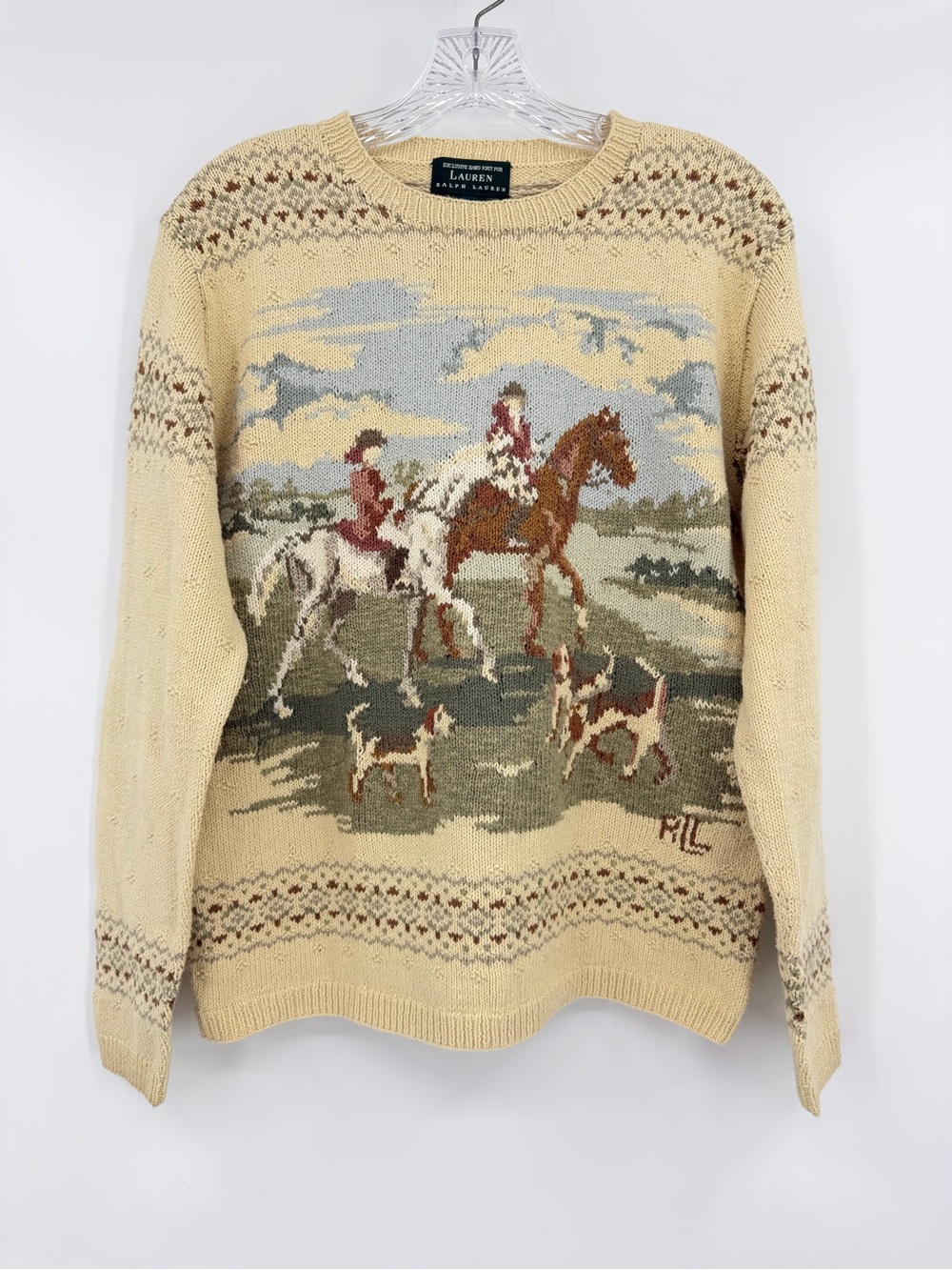 Lauren Ralph Lauren Hand Knit Equestrian Fox Hunt Sweater Cotton Linen Size L